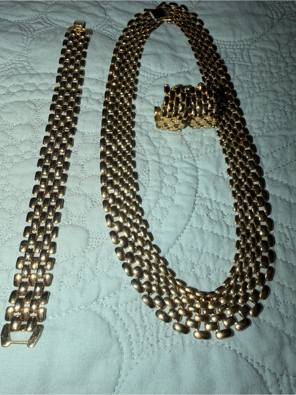 Gold Tone Multi-Row Necklace with Matching Bracelet and clip ear Rings